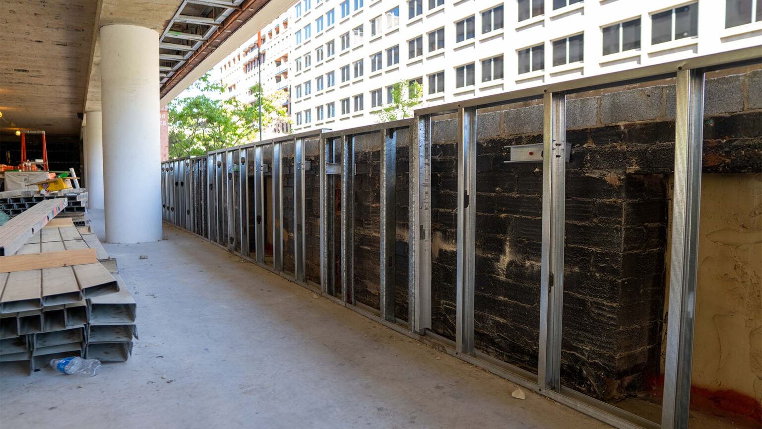 Closeup on metal framing completed inside a commercial building in DC